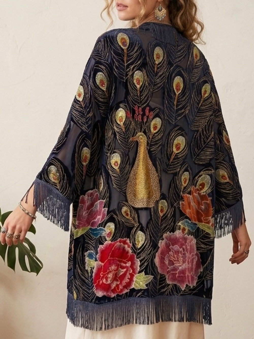 1990s Vintage Peacock Burnout Velvet Kimono Beaded Fringe M Boho WhimsiGoth